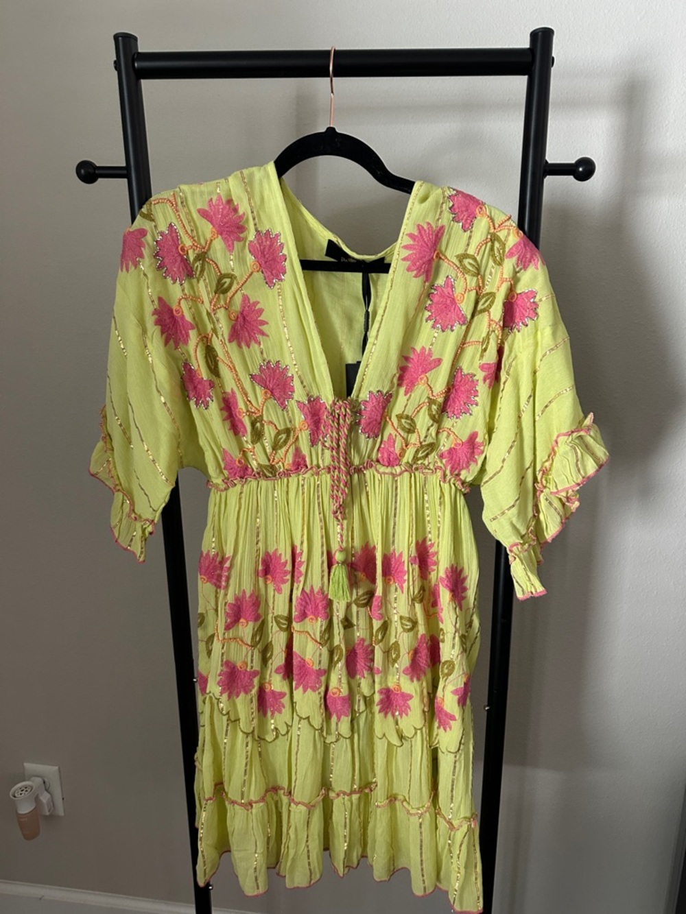 Boho Floral Tiered Dress - Yellow with Pink Embroidery